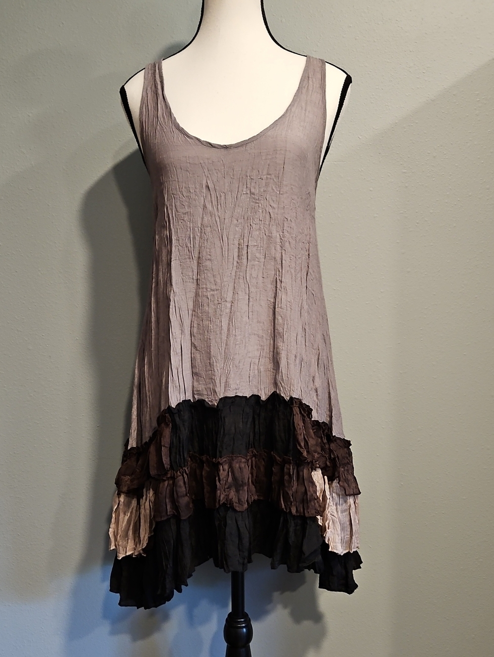 Cecico Crinkled Tank Dress with Layered Ruffle Hem - Grey Black Brown Sz S